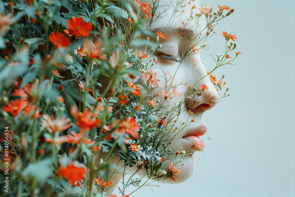 Poster artistic depiction of a person's face with half transforming into an intricate floral pattern, symbo