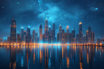 A dynamic city skyline captured at night, with AI-enhanced lighting creating a stunning visual spectacle against the backdrop of illuminated skyscrapers and twinkling stars.