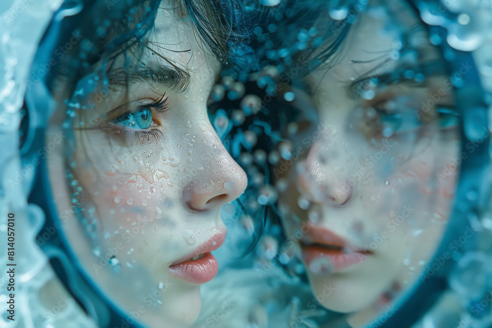 Aufkleber artistic depiction of a mirror reflecting not the present form, but an evolved, ethereal version of 