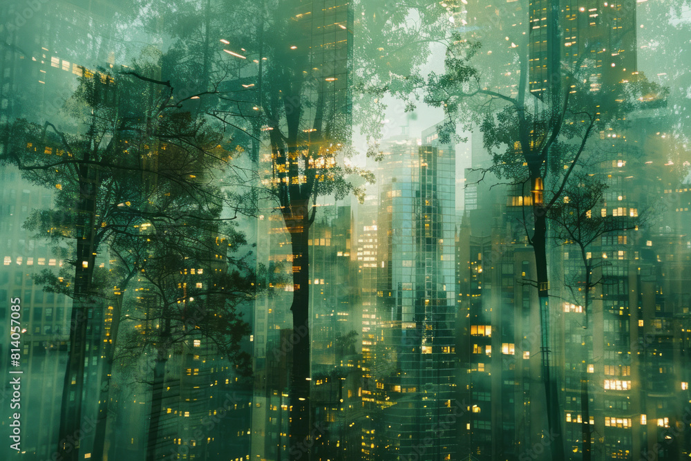 Aufkleber abstract image of a cityscape transforming into a forest, illustrating the transition from urban to 