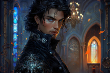 tall, muscular guy with black hair and blue eyes wearing an elegant dark shirt with silver accents on the sleeves of his jacket, in the style of fantasy romance book cover art