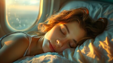 Woman sleeping on an airplane. Closeup. View is showing sunrise or sunset. Peaceful. Relaxed. Traveling on vacation or business.