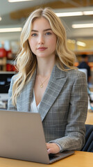 beautiful young business woman, wearing a grey suit, with blonde long wavy hair. Working on her laptop at the office. Manager. entrepreneur. Success. 