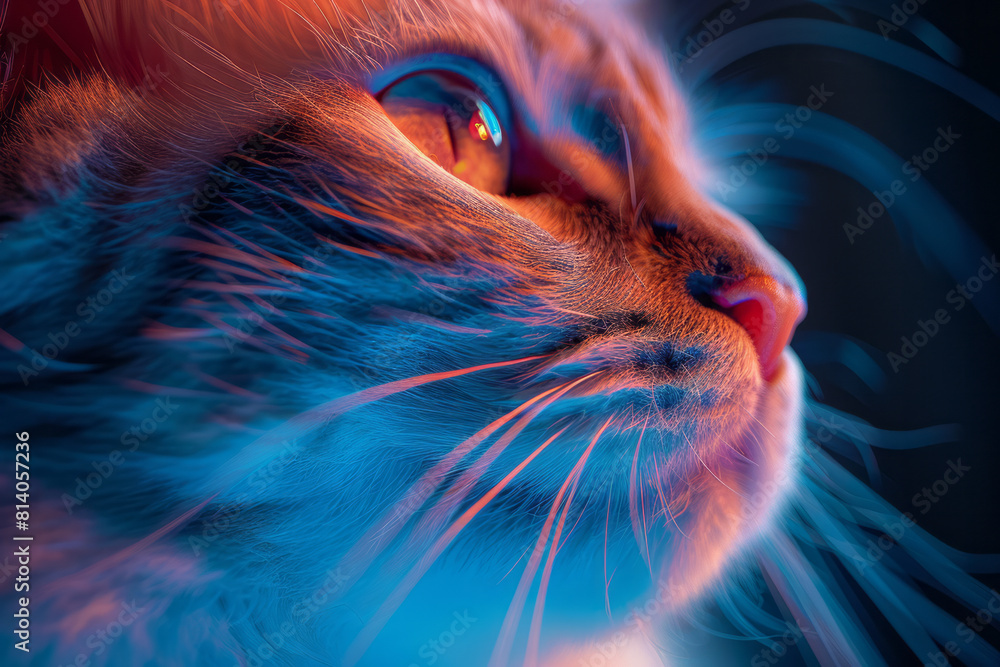Poster a cat with a bioluminescent fur that changes color based on its mood, integrated with emotive techno