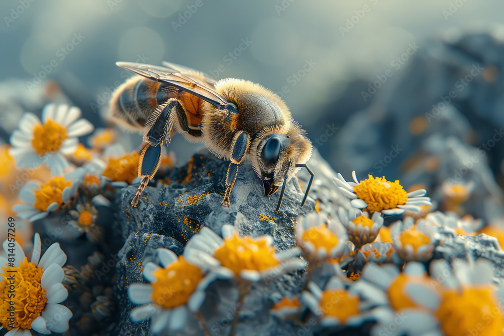 Poster Bees with enhanced pollination abilities, equipped with tiny sensors to monitor plant health and environmental conditions,