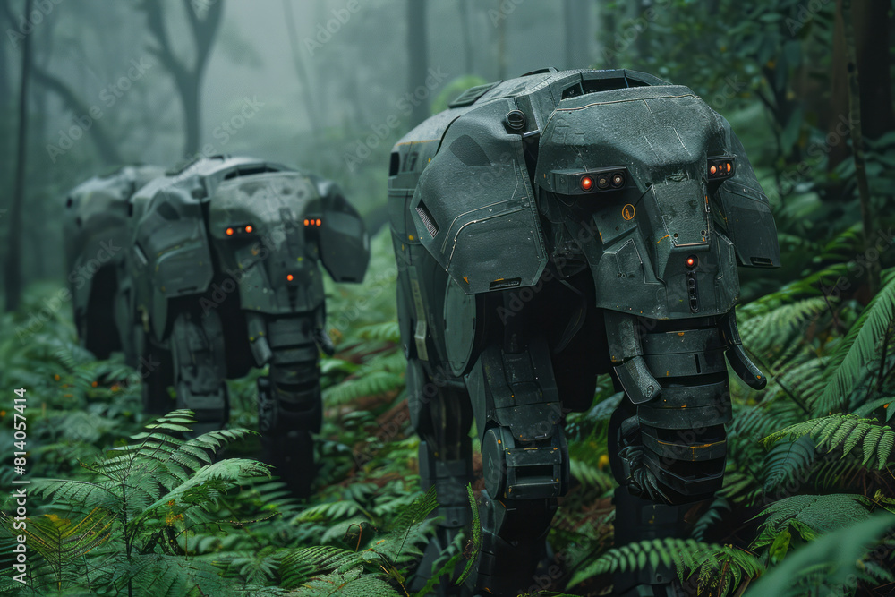 Poster Elephants with artificial intelligence memory storage, assisting in forest navigation and species research,