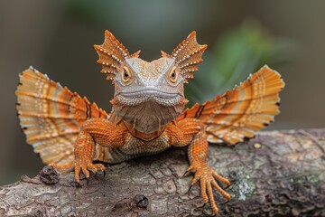 Frilled-neck Lizard: Extending frill while perched on branch, depicting defensive behavior.