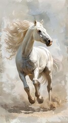 Majestic white horse galloping with flowing mane