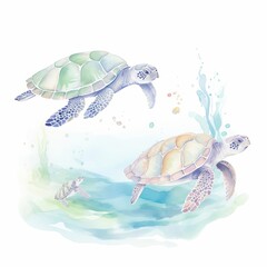 A beautiful watercolor painting of a family of sea turtles swimming in the ocean