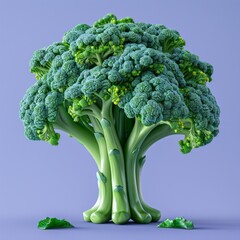 Green raw broccoli on purple background. Super food. Nutrition and health. Organic, natural vegetable. standing like a tree.