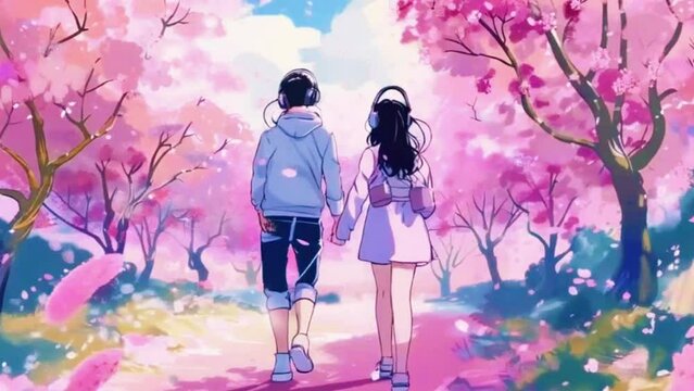Amidst a picturesque cherry blossom garden, a couple walks hand in hand, headphones breathtaking melodies, 2D flat Japanese anime-style 4k lofi hip-hop bites landscape music background animation video