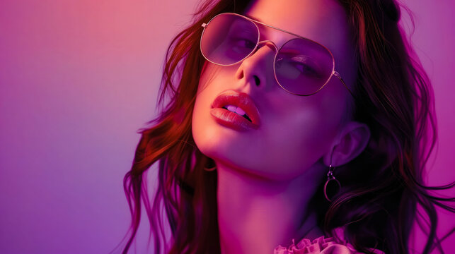 A woman in sunglasses with a pink background.