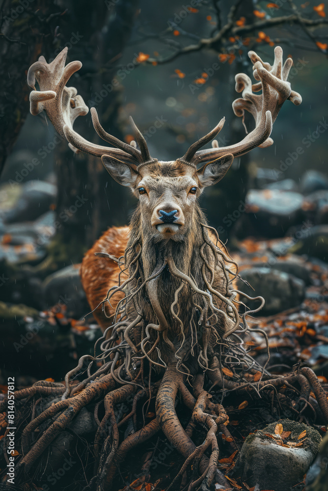 Poster visualization of a deer with antlers that branch into tree roots, merging earth and wildlife,