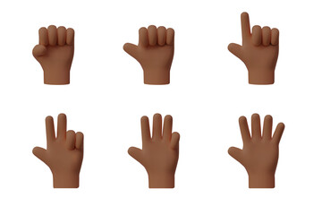 3D hand shows fingers counting from one to five, hands gesture of numbers, palm with raised fingers arithmetic icons set