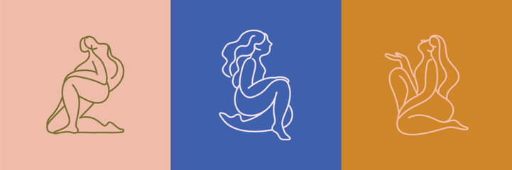 Beautiful female figure. Vector logo design template and illustration in simple minimal linear style - body positive emblem, abstract badge for lingerie designer, modern feminine art