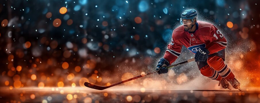 Intense hockey player maneuvering during game