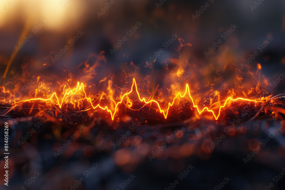 Poster Abstract depiction of a heartbeat, rhythmic pulsations visualized through throbbing lines and warm hues,