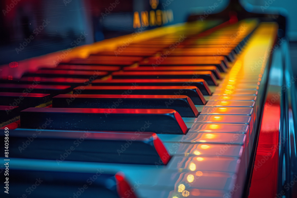 Poster visualization of a piano's arpeggio, ascending and descending lines in a chromatic scale of colors.