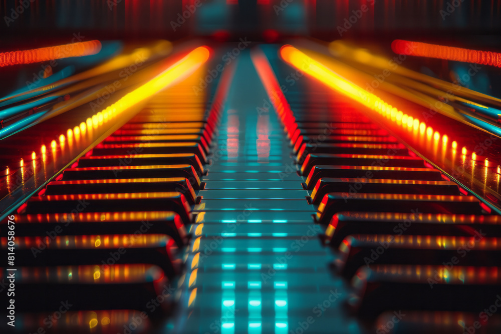 Poster visualization of a piano's arpeggio, ascending and descending lines in a chromatic scale of colors.