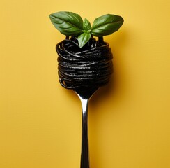 Black spaghetti pasta on fork isolated on yellow background, top view. Minimal concept of food design. Food photography.