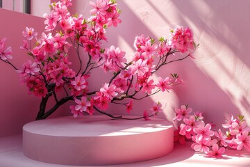 Background podium 3D spring flower product beauty pink display nature. 