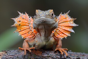 Frilled-neck Lizard: Extending frill while perched on branch, depicting defensive behavior.