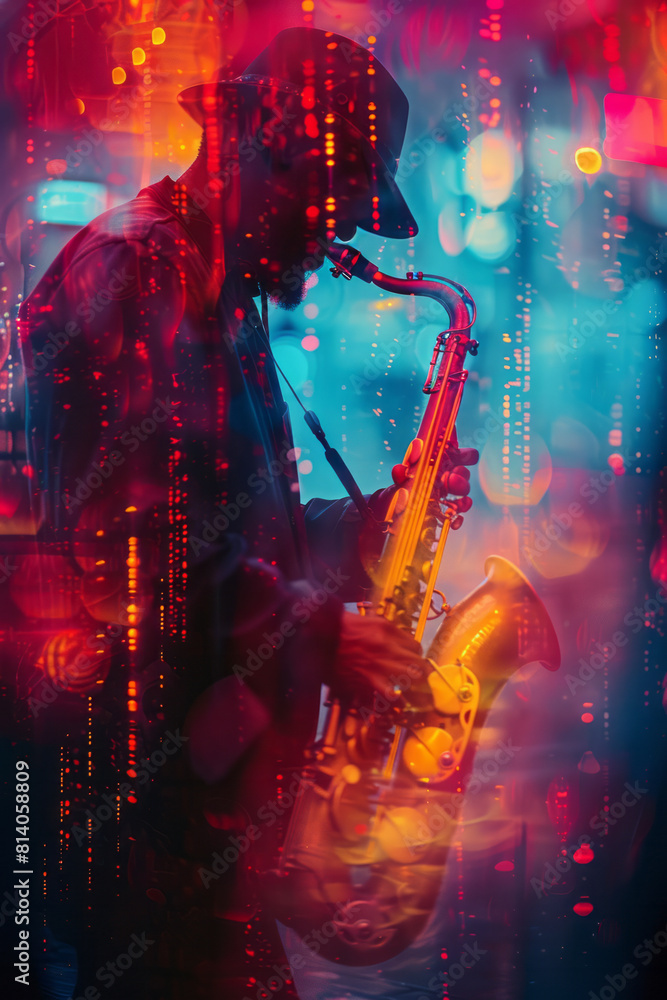 Aufkleber abstract representation of a jazz session, with vibrant splashes of neon colors blending smoothly to