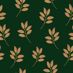 Seamless botanical vintage pattern on green background for design of fabrics, paper, packaging, textiles in hand drawn cartoon flat style.