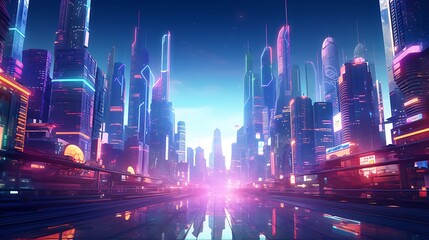 A futuristic cityscape bathed in neon lights, with holographic advertisements floating in the air.