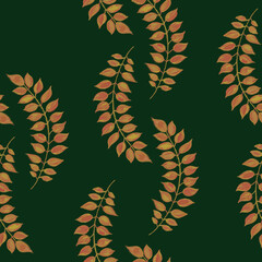 Seamless botanical vintage pattern on green background for design of fabrics, paper, packaging, textiles in hand drawn cartoon flat style.