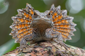 Frilled-neck Lizard: Extending frill while perched on branch, depicting defensive behavior.