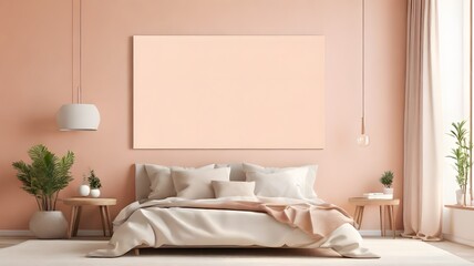 Blank white modern minimalist wall art mockup canvas, against a peach color wall background, blank bedroom wall art mockup with light peach theme 