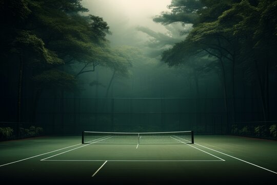 Empty tennis court basks in the ethereal light of a fog-enshrouded forest, creating a mystic atmosphere