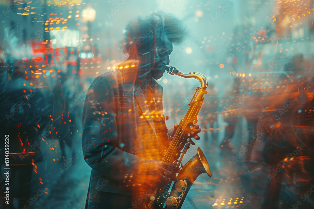 Poster Abstract composition of a jazz improvisation session, with spontaneous splashes of color and unpredictable line work,