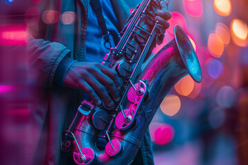 Visualization of a night of jazz, with cool blues and purples blending into smooth gradients that evoke the genre's essence.