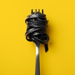 Black pasta on a silver fork, tied like a cord. Solid yellow background. Italian food. Menu or recipe. 