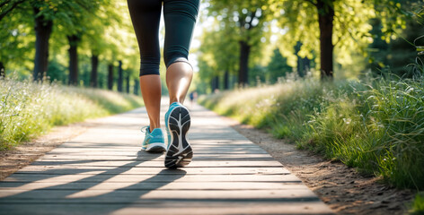 Obraz premium Women's legs jogging along a wooden promenade in jogging sneakers and sports leggings on a summer day