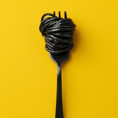 Black spaghetti pasta on fork, solid yellow background, minimalism. Tasty delicious Italian food. Restaurant menu or ad.