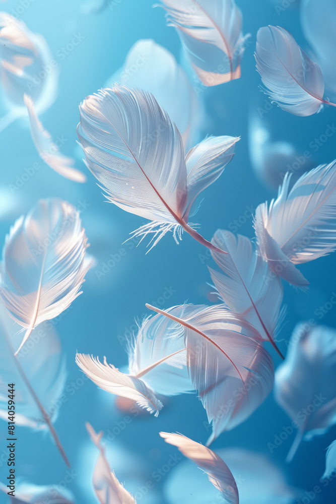 Leinwandbilder Abstract pattern with light, feather-like shapes floating over a serene blue gradient, symbolizing the airy notes of a piccolo,
