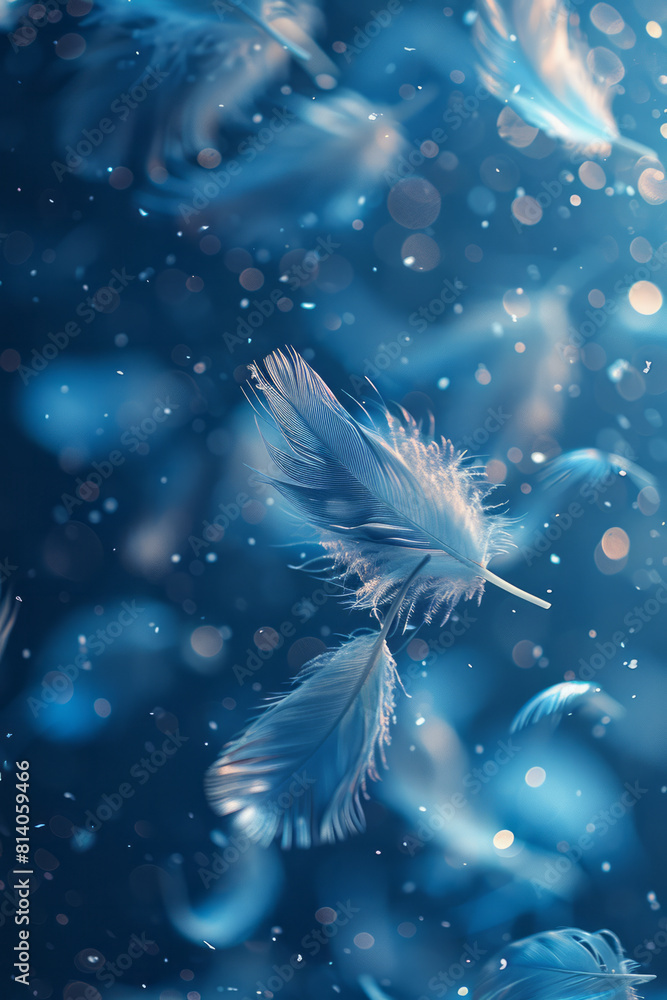 Poster Abstract pattern with light, feather-like shapes floating over a serene blue gradient, symbolizing the airy notes of a piccolo,