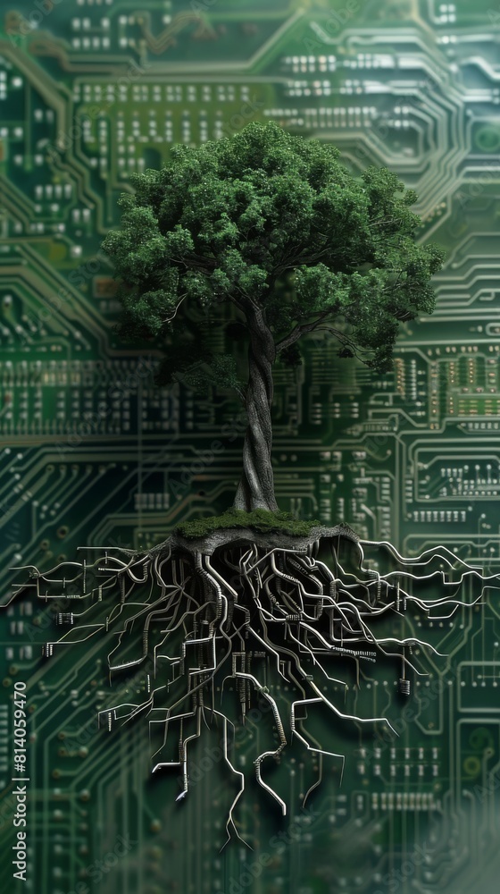 Poster tree with digital roots on a circuit board