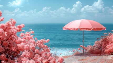 Pink beach with pink umbrella and flowers. Waves crashing in the sand on a beautiful summer day. Vacation and relaxation. Beautiful destination. Seascape.