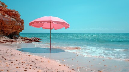 Pink beach umbrella, pastel aesthetic background. Travel to exotic destinations. Relaxation. Heaven on Earth. Seascape. 