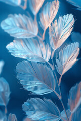 Abstract pattern with light, feather-like shapes floating over a serene blue gradient, symbolizing the airy notes of a piccolo,
