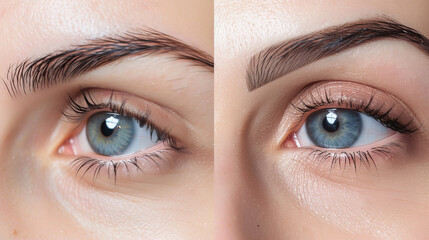 Naklejka premium Before and after eyebrow makeup and shaping showing a woman's eyes up close.