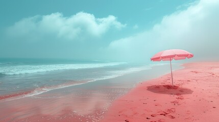 Beautiful surreal pink beach with a pink umbrella, pink sand, ocean in the background, pastel aesthetic, dreamy, travel.