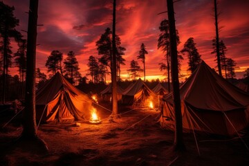 Picturesque Tent forest sunset. Romantic holiday. Generate Ai