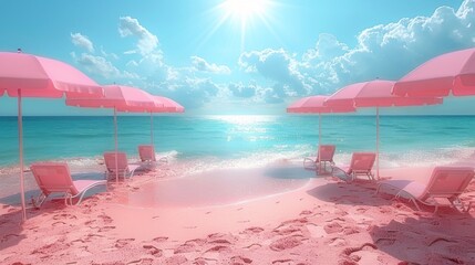 Pink beach umbrella and sunbeds. Pink sand, ocean in the background, pastel aesthetic, dreamy, surrealism.