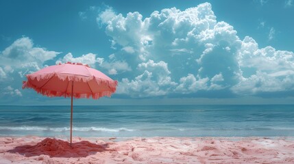 Pink beach umbrella, pink sand, ocean in the background, pastel aesthetic, dreamy, surrealism.
