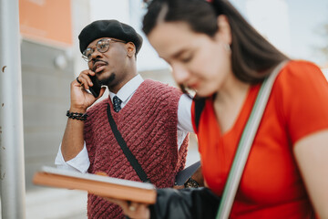 Two businesspeople engaged in a discussion while working remotely in an urban outdoor location,...